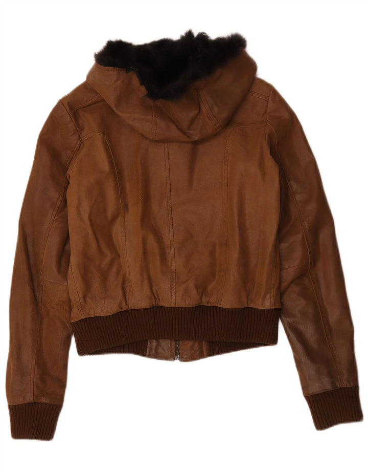 Conbipel Womens Hooded Leather Jacket IT 42 Medium Brown Leather