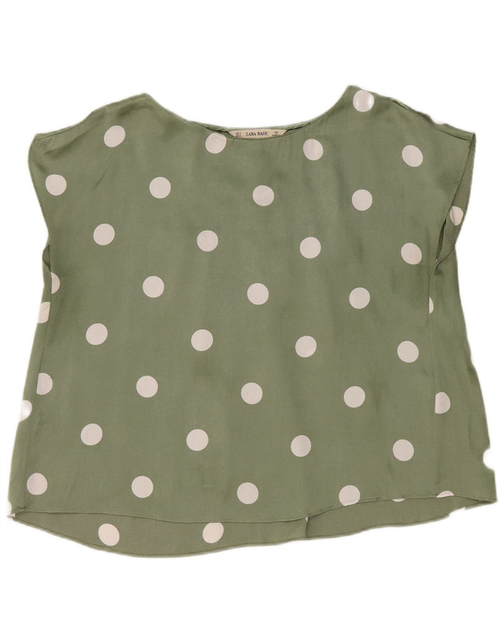 Zara Womens Crop Oversized Blouse Top UK 10 Small Green Polka Dot Polyester