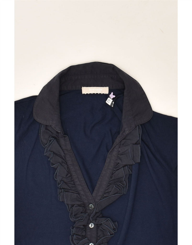 NERO GIARDINI Womens Ruffle Front Polo Shirt IT 42 Medium Navy Blue | Vintage Nero Giardini | Thrift | Second-Hand Nero Giardini | Used Clothing | Messina Hembry 