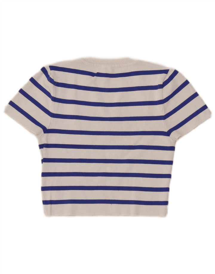 Zara Womens Crop T-Shirt Top UK 12 Medium White Striped Viscose