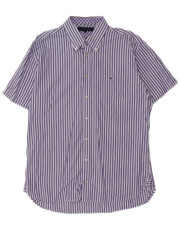 Tommy Hilfiger Mens Short Sleeve Shirt Large Purple Striped Cotton