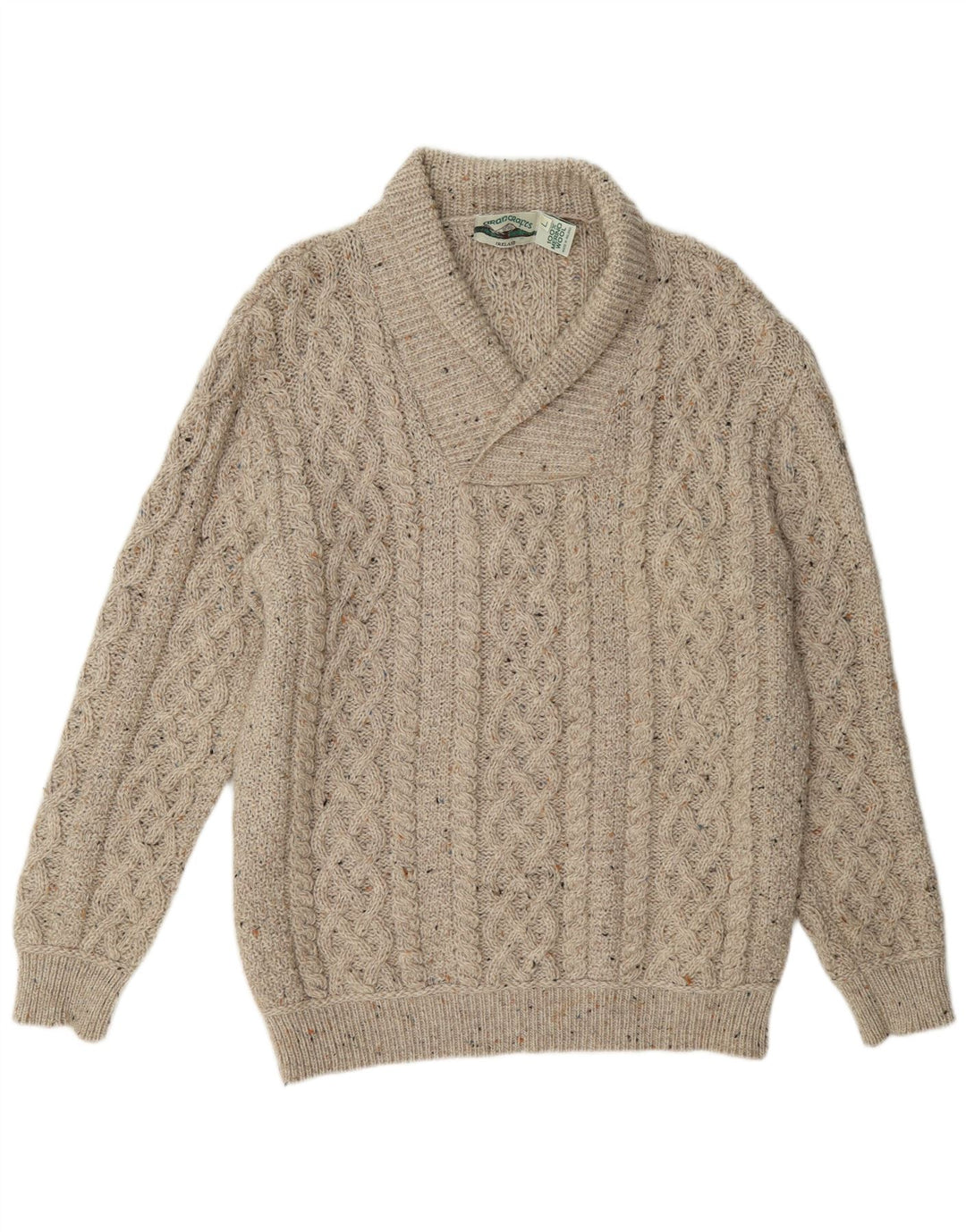 Aran Crafts Mens Shawl Neck Jumper Sweater Large Beige Flecked Wool