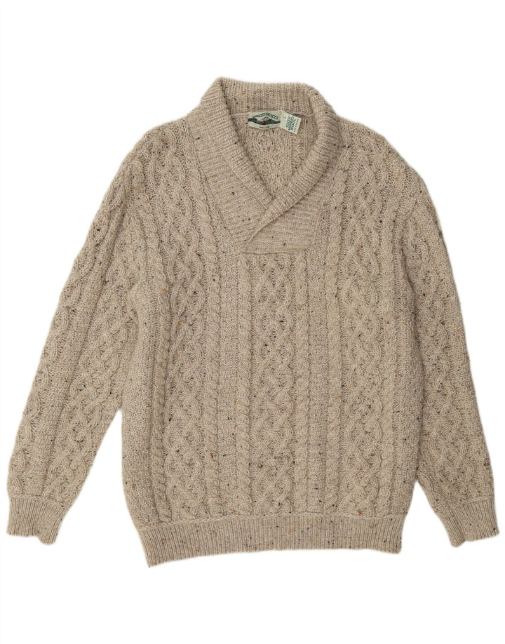 Aran Crafts Mens Shawl Neck Jumper Sweater Large Beige Flecked Wool