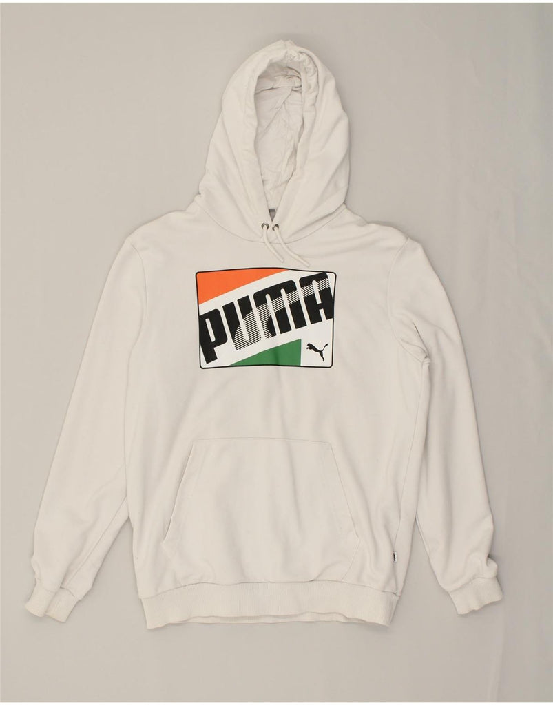 PUMA Mens Graphic Hoodie Jumper Medium Off White Cotton | Vintage Puma | Thrift | Second-Hand Puma | Used Clothing | Messina Hembry 