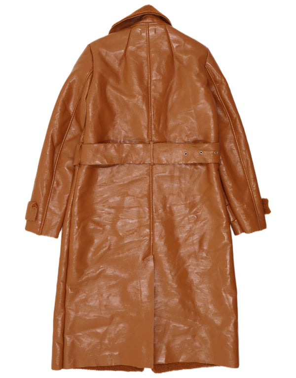 Topshop Womens Sherpa Faux Leather Overcoat UK 10 Small Brown Polyurethane