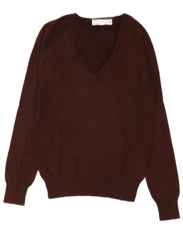 Zara Womens V-Neck Jumper Sweater UK 12 Medium Brown Cotton