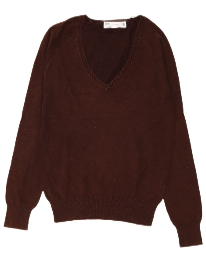 Zara Womens V-Neck Jumper Sweater UK 12 Medium Brown Cotton