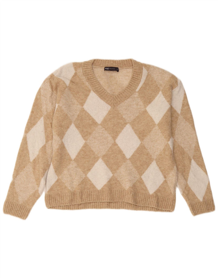 Marks & Spencer Womens V-Neck Jumper Sweater UK 14 Medium Beige