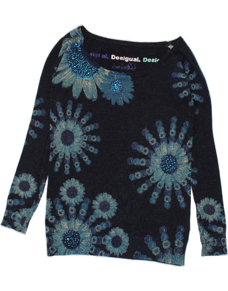 DESIGUAL Womens Boat Neck Jumper Sweater UK 12 Medium Navy Blue Floral Vintage Desigual and Second-Hand Desigual from Messina Hembry 