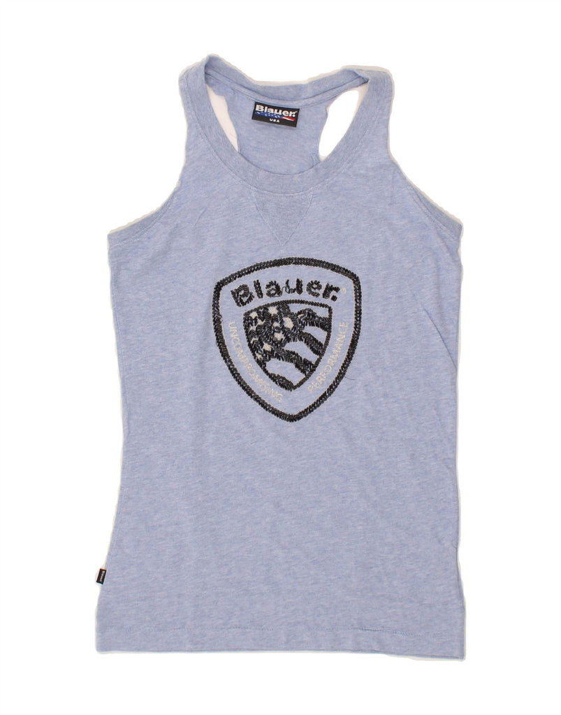 BLAUER Womens Graphic Vest Top UK 6 XS Purple Cotton Vintage Blauer and Second-Hand Blauer from Messina Hembry 