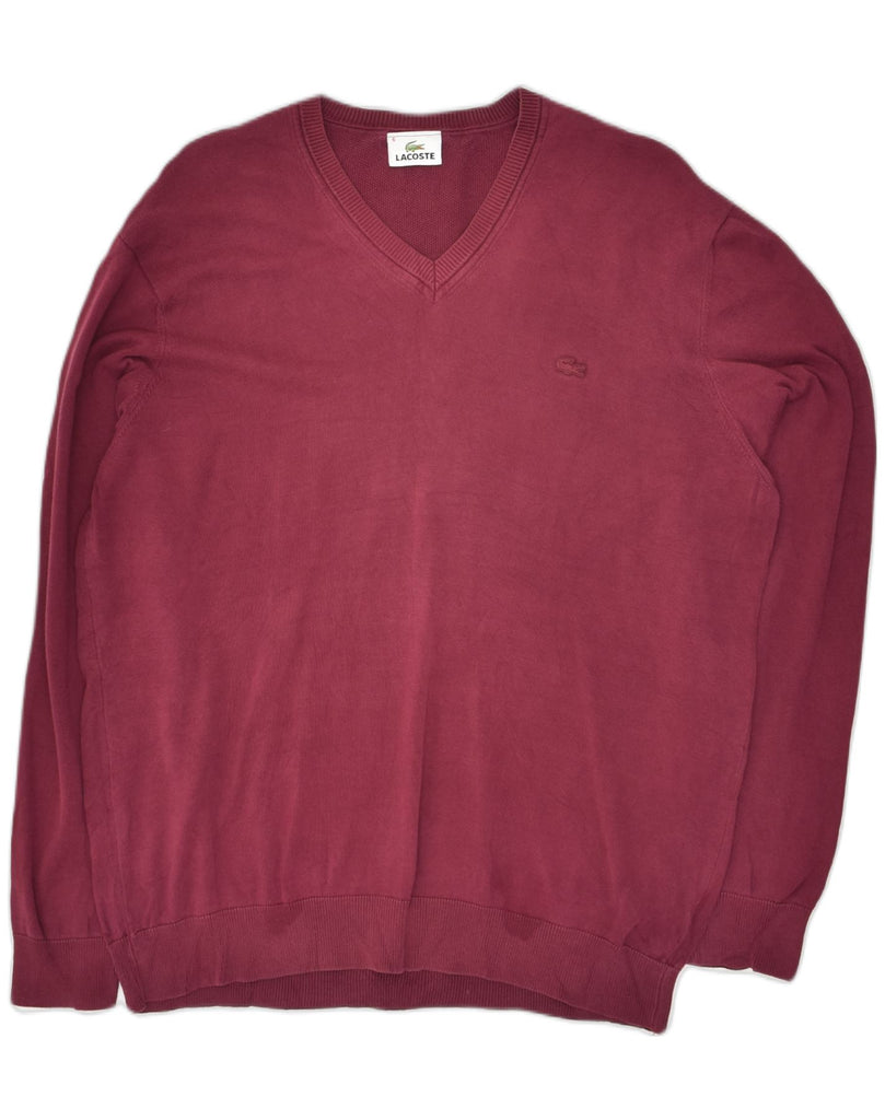 LACOSTE Mens Slim Fit V-Neck Jumper Sweater Size 6 XL Burgundy Cotton | Vintage Lacoste | Thrift | Second-Hand Lacoste | Used Clothing | Messina Hembry 