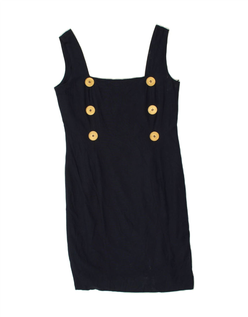 VINTAGE Womens Sleeveless Pinafore Dress IT 44 Medium Navy Blue Cotton | Vintage Vintage | Thrift | Second-Hand Vintage | Used Clothing | Messina Hembry 