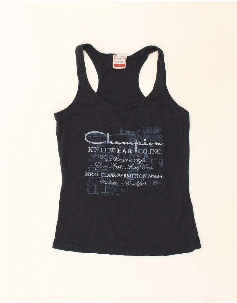 CHAMPION Womens Herritage Fit Graphic Vest Top UK 10 Small Navy Blue | Vintage Champion | Thrift | Second-Hand Champion | Used Clothing | Messina Hembry 