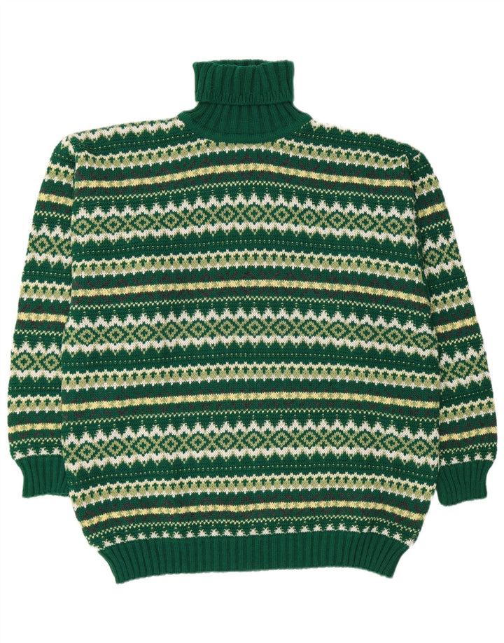 Vintage Mens Roll Neck Jumper Sweater XL Green Fair Isle Wool