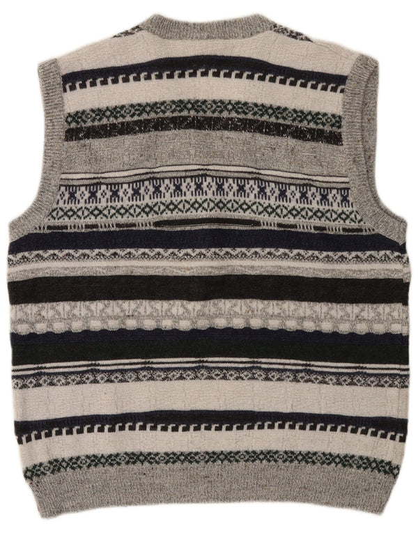 VINTAGE Mens Vest Tank Top Medium Grey Striped Polyacrylic