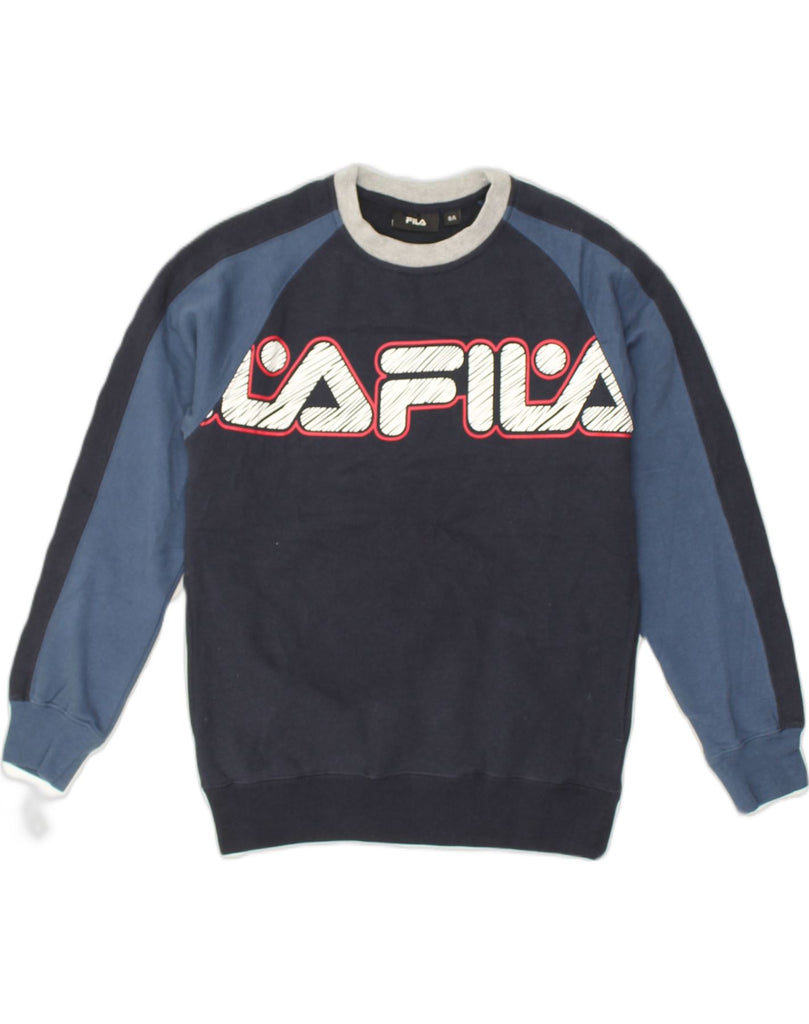 FILA Boys Graphic Sweatshirt Jumper 7-8 Years Navy Blue Colourblock Cotton | Vintage Fila | Thrift | Second-Hand Fila | Used Clothing | Messina Hembry 