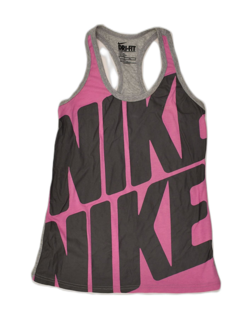 NIKE Womens Dri Fit Graphic Vest Top UK 6 XS Pink Colourblock | Vintage Nike | Thrift | Second-Hand Nike | Used Clothing | Messina Hembry 