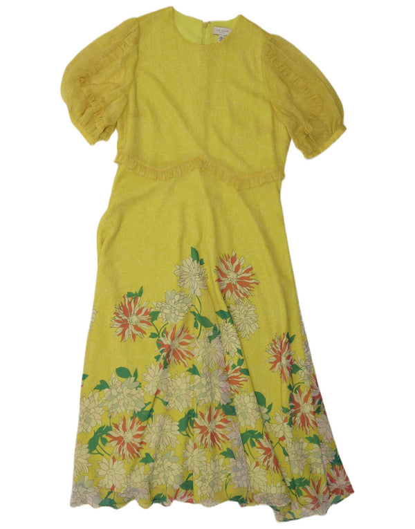 TED BAKER Womens Ruffle A-Line Dress Size 4 Large Yellow Floral Polyester