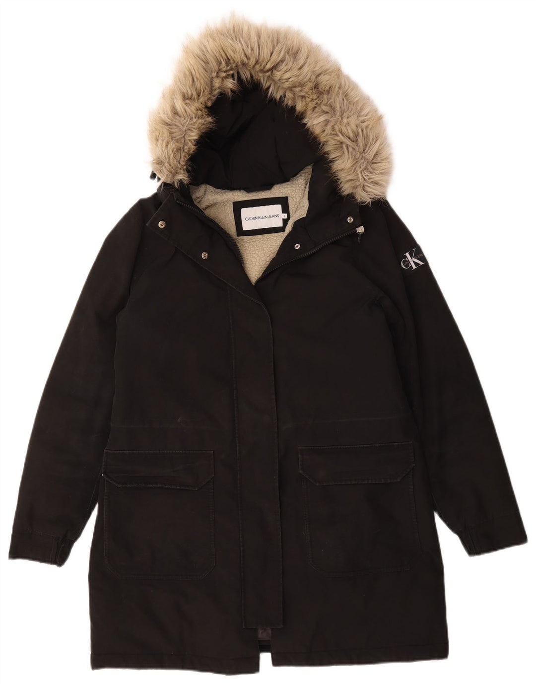 Calvin Klein Jeans Womens Oversized Sherpa Parka Jacket UK 10 Small Black