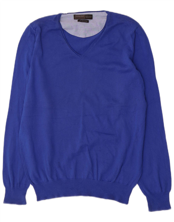 Zara Mens V-Neck Jumper Sweater Medium Blue Cotton