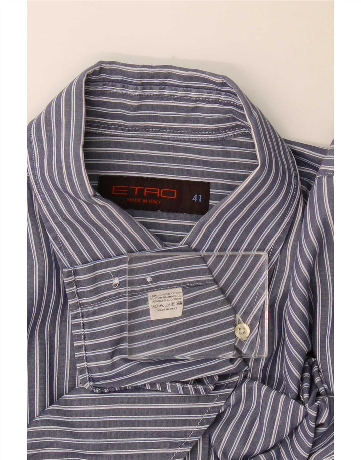 Etro Mens Shirt Size 41 Large Navy Blue Pinstripe Cotton