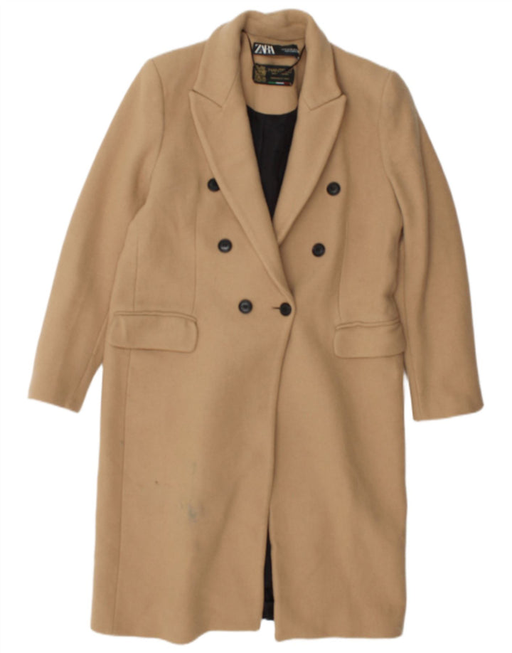 Zara Womens Double Breasted Coat UK 14 Medium Beige Polyester