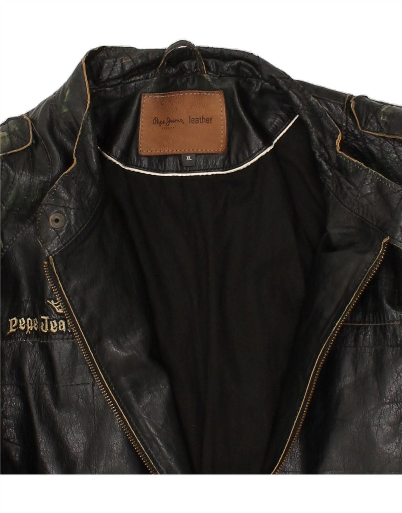 PEPE JEANS Mens Graphic Leather Jacket UK 42 XL Black Leather | Vintage PEPE Jeans | Thrift | Second-Hand PEPE Jeans | Used Clothing | Messina Hembry 