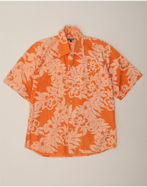 Green Leaves Mens Short Sleeve Shirt Large Orange Floral Cotton
