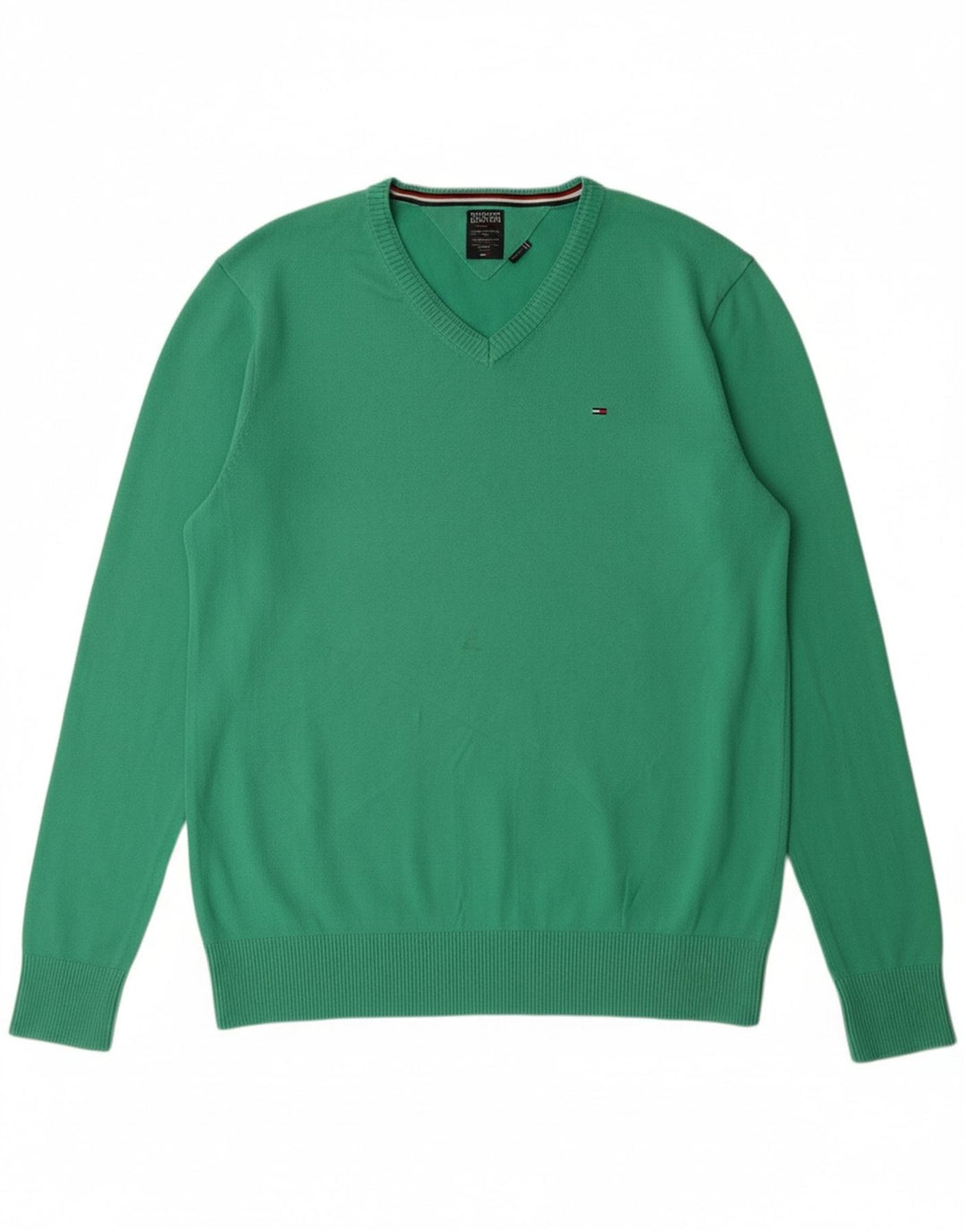TOMMY HILFIGER Mens V-Neck Jumper Sweater 2XL Green Cotton Classic