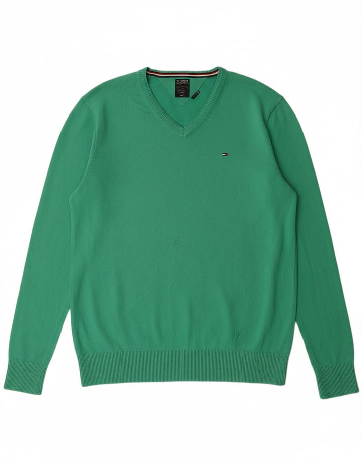 TOMMY HILFIGER Mens V-Neck Jumper Sweater 2XL Green Cotton Classic