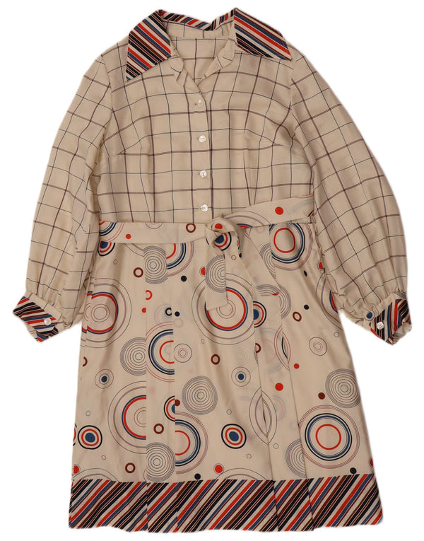 Vintage Womens Long Sleeve A-Line Dress UK 16 Large Beige Geometric