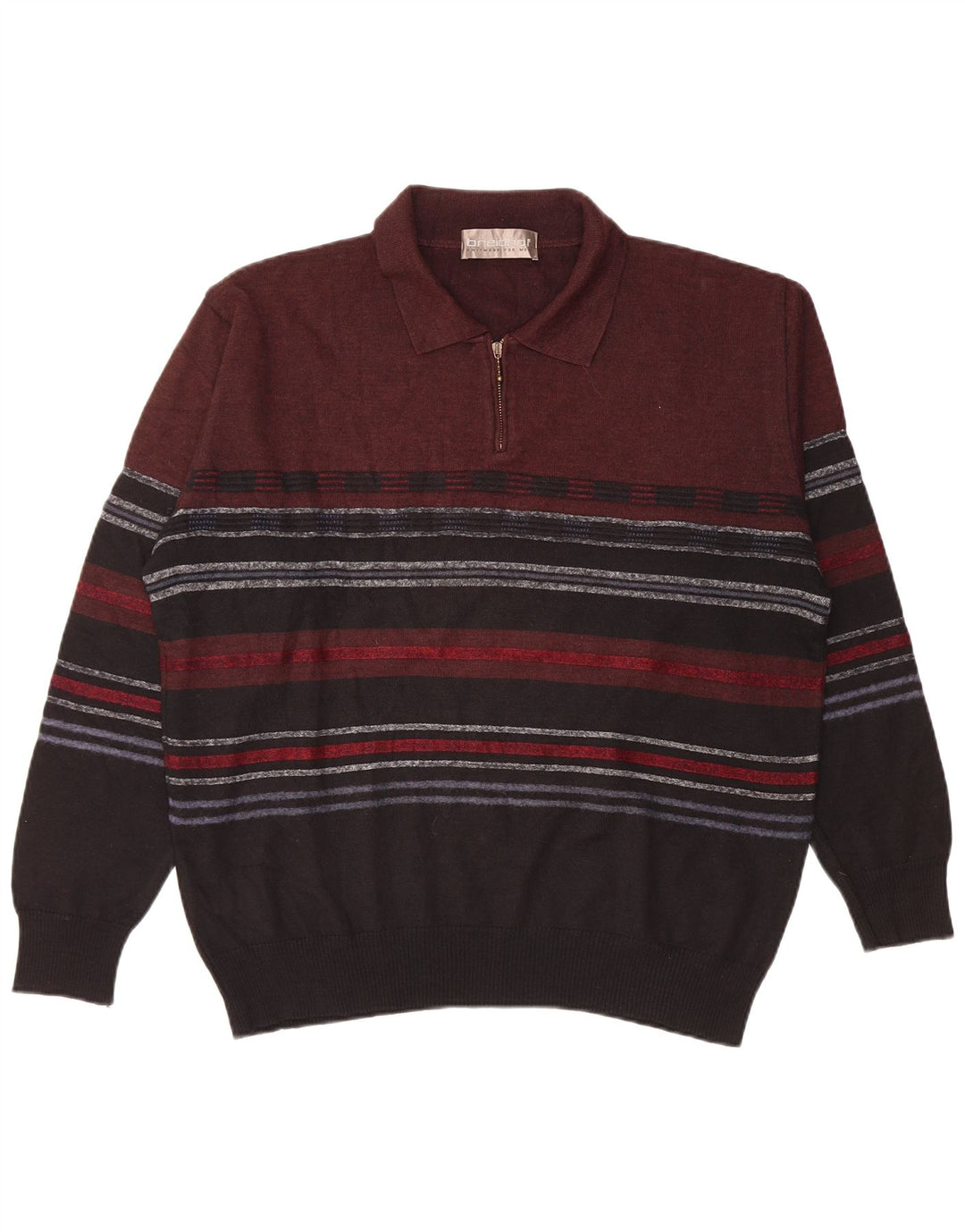 BREIDHOF Mens Polo Neck Jumper Sweater Large Burgundy Striped Wool