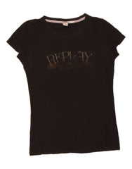 REPLAY Womens Graphic T-Shirt Top UK 14 Large Black Cotton