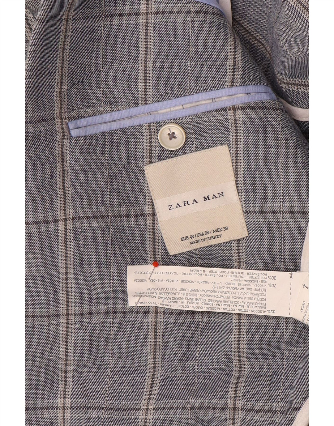 Zara Mens Double Breasted Blazer Jacket EU 48 Medium Navy Blue Check Cotton