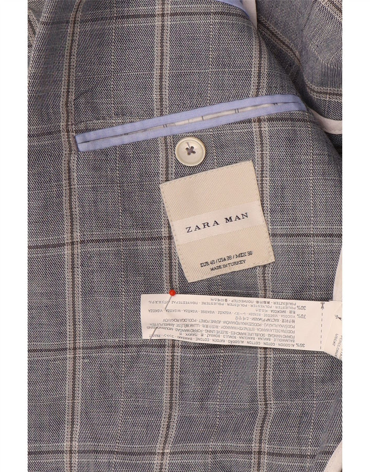Zara Mens Double Breasted Blazer Jacket EU 48 Medium Navy Blue Check Cotton