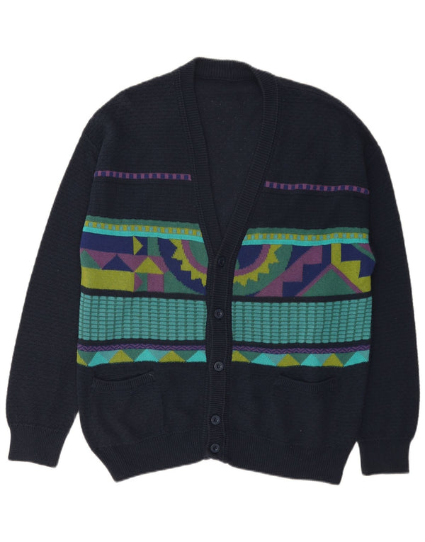 Vintage Mens Cardigan Sweater Large Navy Blue Geometric Cotton