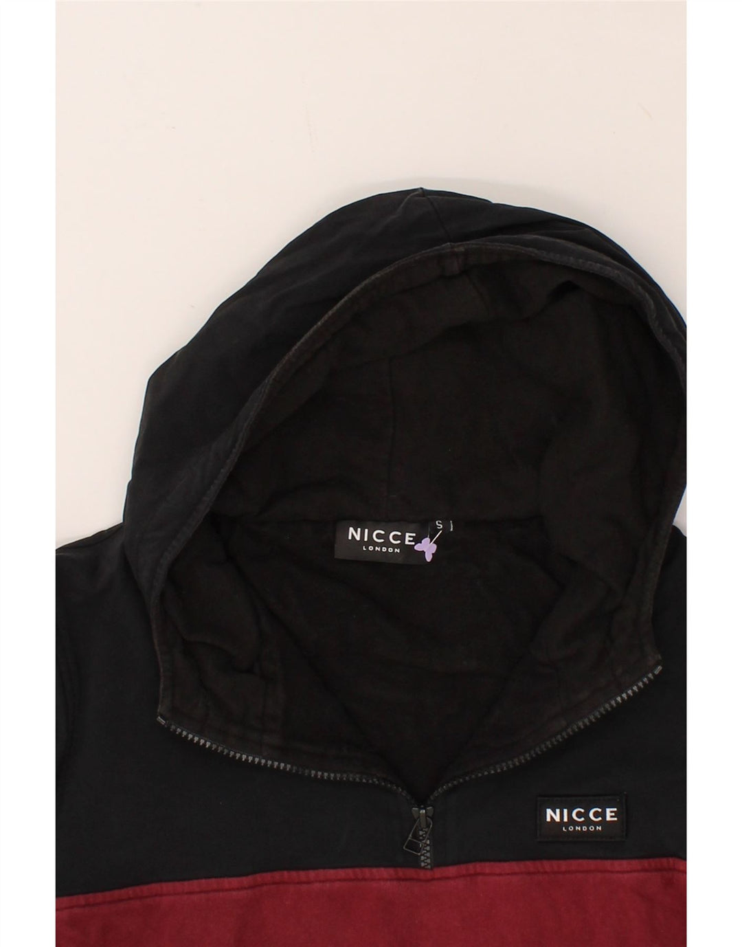 NICCE Mens Zip Neck Hoodie Jumper Small Black Colourblock Cotton Vintage Nicce and Second-Hand Nicce from Messina Hembry 