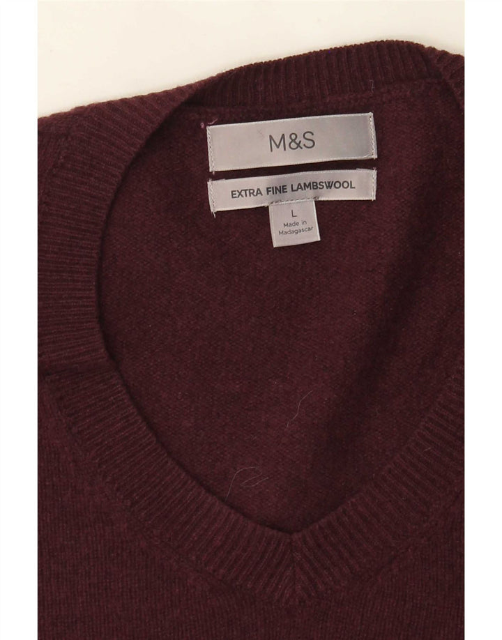 Marks & Spencer Mens V-Neck Jumper Sweater Large Burgundy Lambswool