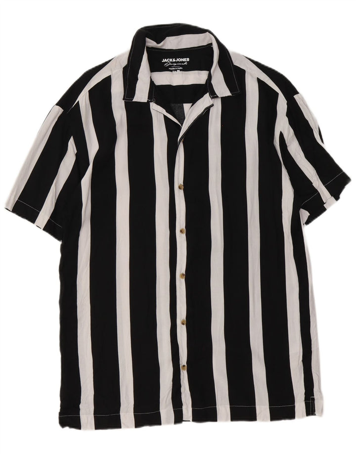 Jack & Jones Mens Short Sleeve Shirt Medium Black Striped Viscose