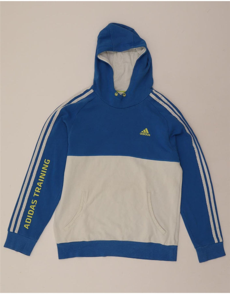 ADIDAS Mens Graphic Hoodie Jumper Small Blue Colourblock Cotton Vintage Adidas and Second-Hand Adidas from Messina Hembry 