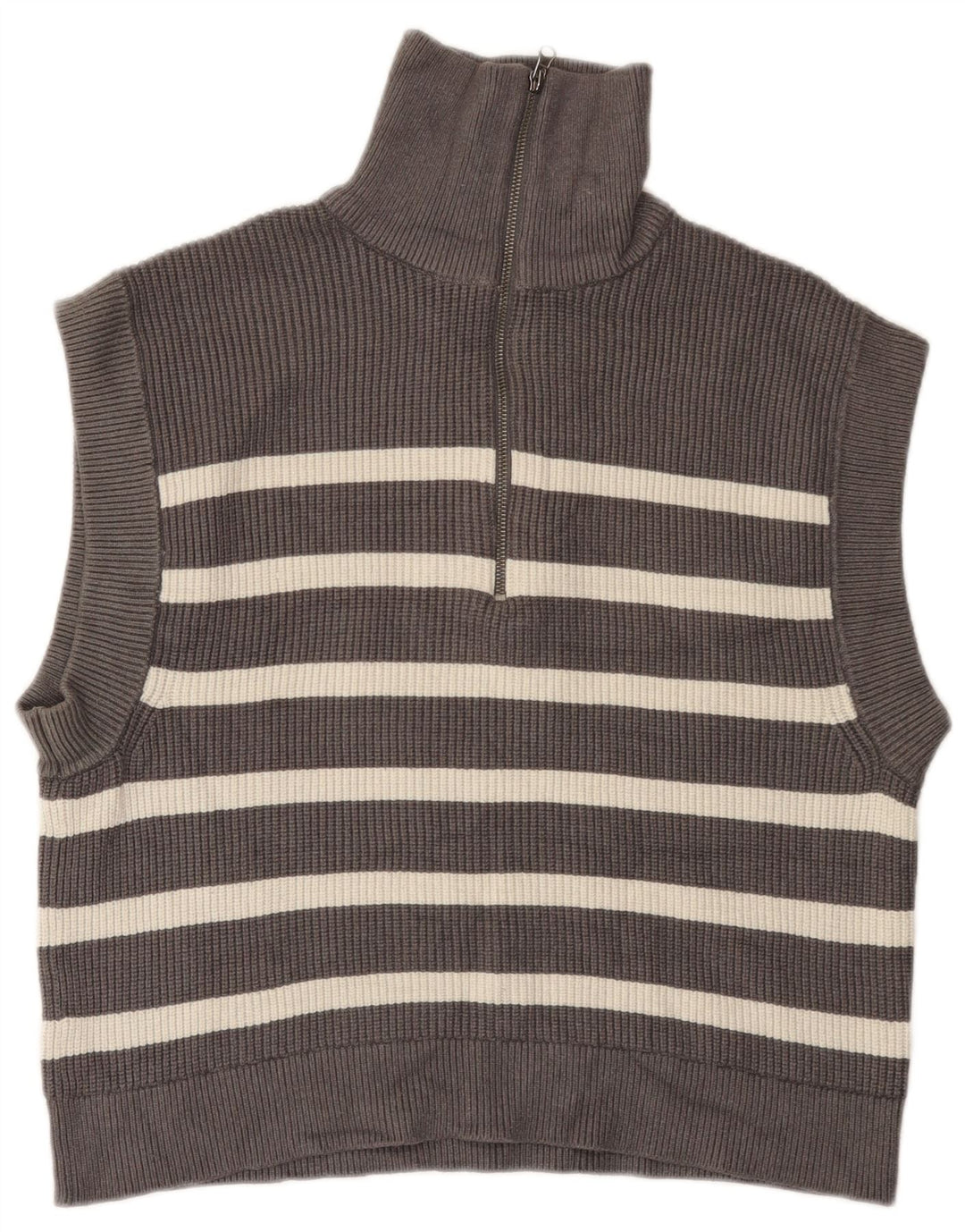 Zara Womens Zip Neck Vest Tank Top UK 14 Medium Grey Striped