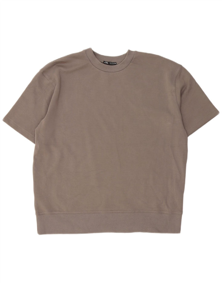 Zara Womens Short Sleeve Oversized Sweatshirt Jumper UK 14 Medium Grey