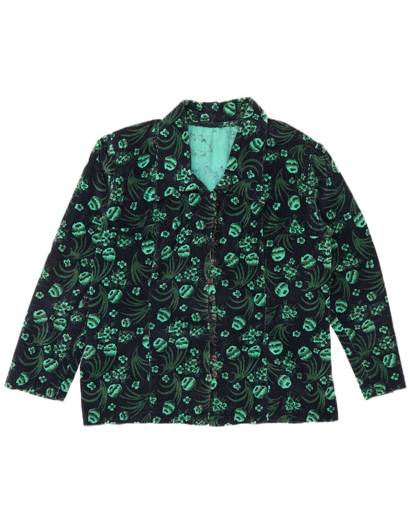 Vintage Womens Corduroy Shirt Blouse UK 14 Medium Green Floral