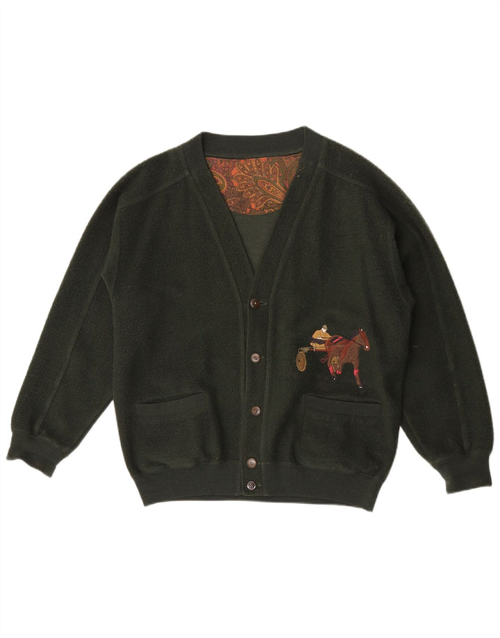 Vintage Mens Graphic Cardigan Sweater Large Green Wool
