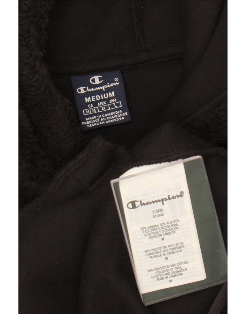 CHAMPION Mens Graphic Hooded Fleece Jumper Medium Black Polyester Vintage Champion and Second-Hand Champion from Messina Hembry 