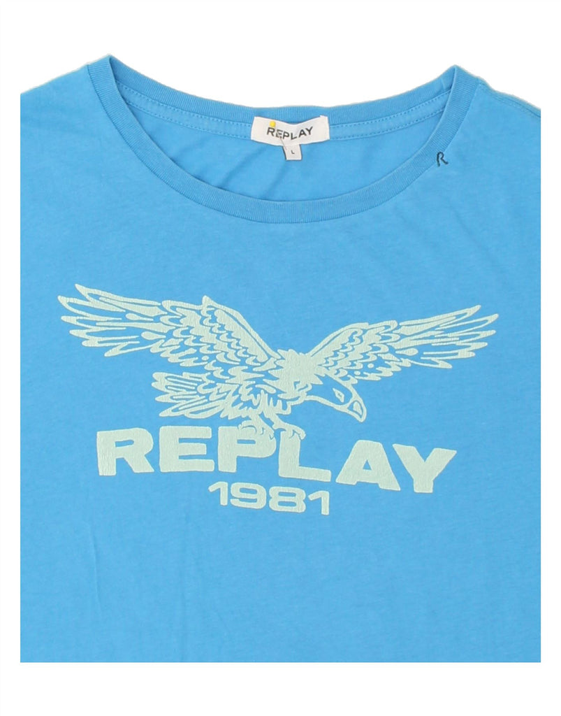 REPLAY Mens Graphic T-Shirt Top Large Blue Cotton | Vintage Replay | Thrift | Second-Hand Replay | Used Clothing | Messina Hembry 