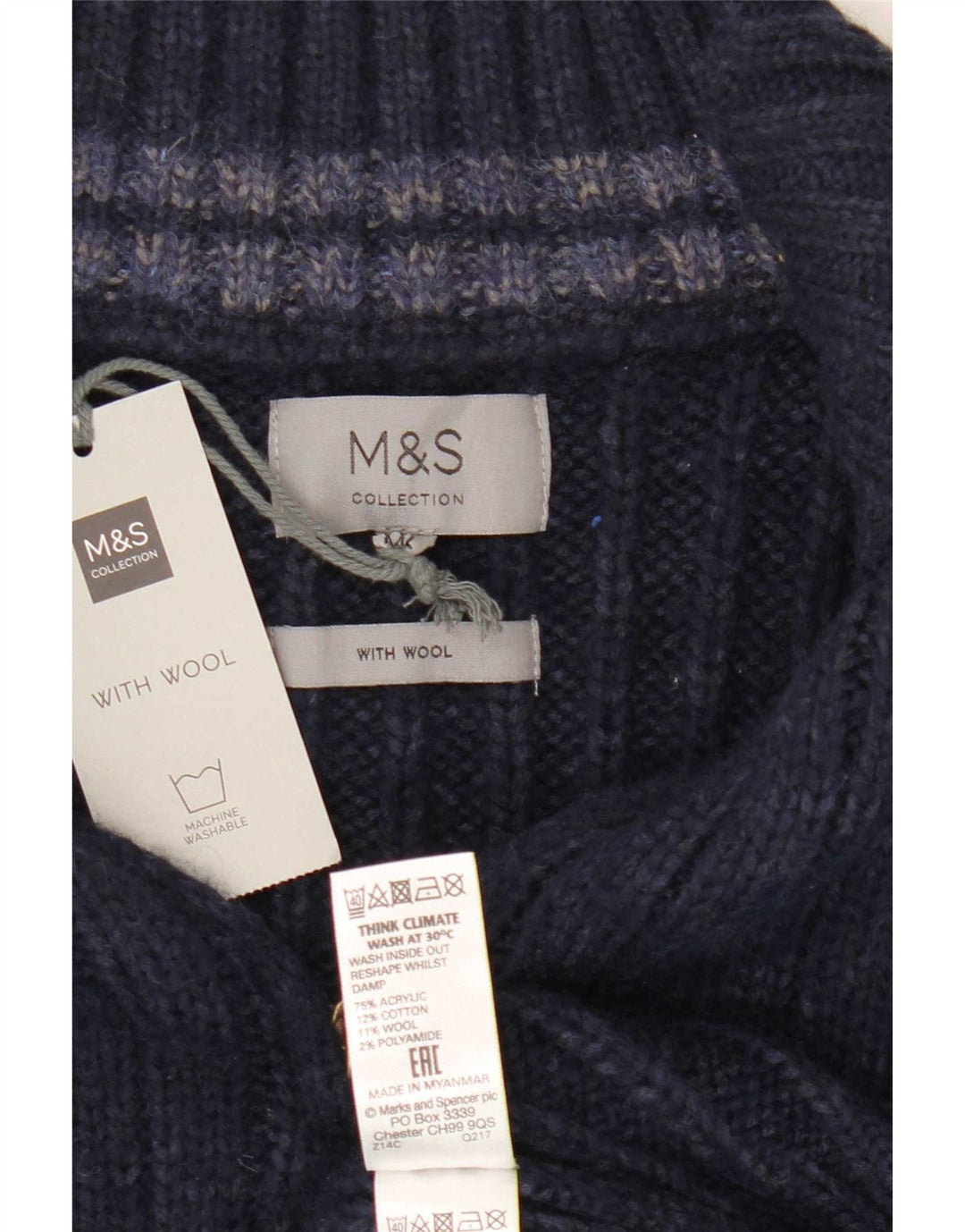 Marks & Spencer Mens Zip Neck Jumper Sweater 2XL Navy Blue Acrylic