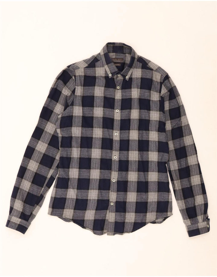 Zara Mens Slim Fit Flannel Shirt Small Navy Blue Check Cotton