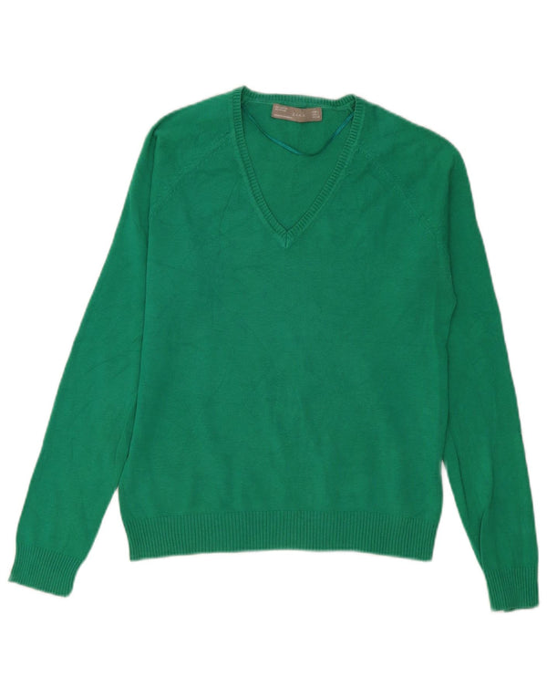 Zara Womens V-Neck Jumper Sweater UK 14 Large Green Cotton