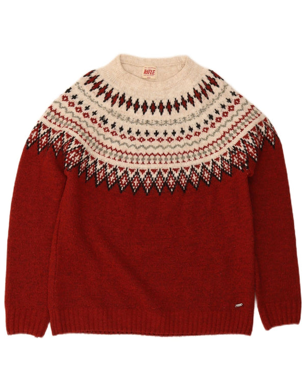 Rifle Womens Crew Neck Jumper Sweater UK 10 Small Burgundy Fair Isle
